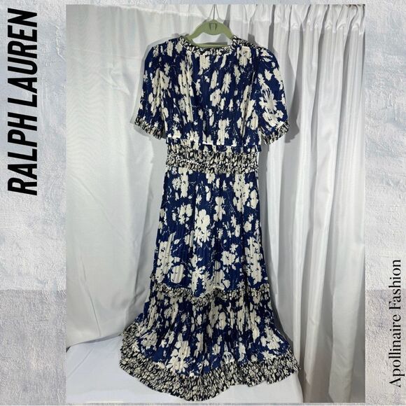 POLO RALPH LAUREN FLORAL TIERED RUFFLED MIDI DRESS SIZE 6 IN BLUE AND WHITE NWT - Picture 4 of 7